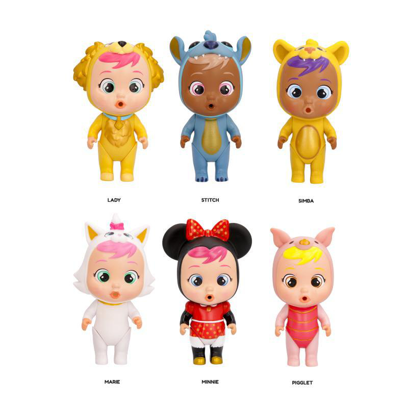 Sechs Babypuppen in Kostümen: Lady, Stitch, Simba, Marie, Minnie und Piglet. Jede Puppe hat große Augen und ein unverwechselbares Outfit.