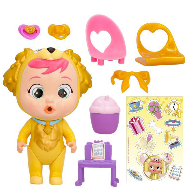 Eine gelbe Puppe in einem Hunde-Kostüm, verschiedene Accessoires, darunter Schnuller, ein rosa Stuhl und Aufkleber.