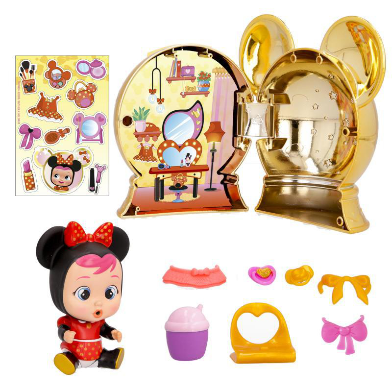 Ein Spielzeugset mit Minnie Mouse-Motiv. Es enthält eine Puppe, einen Schminktisch, Zubehör und Aufkleber. Das Set ist hauptsächlich gold, pink und rot.