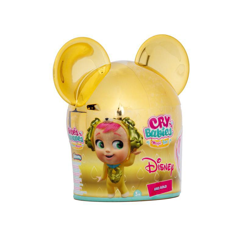 Ein goldener Behälter mit einer Babypuppe, Disney-Logo und Cry Babies-Text. Er hat Mickey Mouse-Ohren und der Text ist rosa und blau.