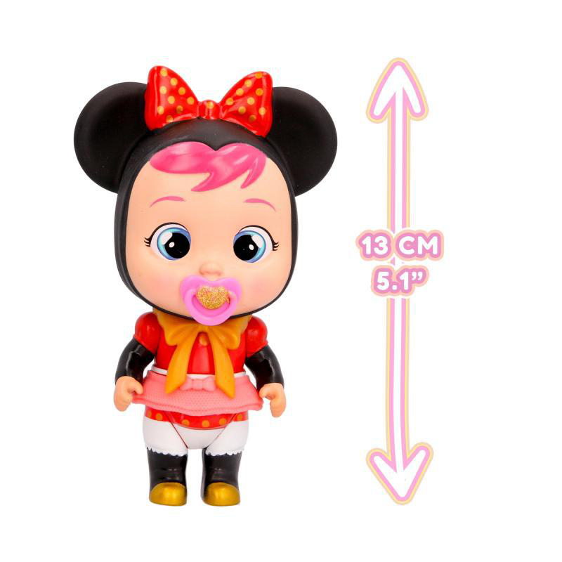 Eine Minnie-Maus-Puppe mit roter Schleife und Schnuller. Daneben ein rosa-weißer Pfeil, der eine Größe von 13 cm/5,1 Zoll angibt.