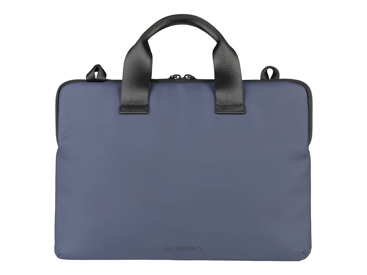Blaue Laptoptasche mit Griff, schwarzem Besatz und weißem Hintergrund.