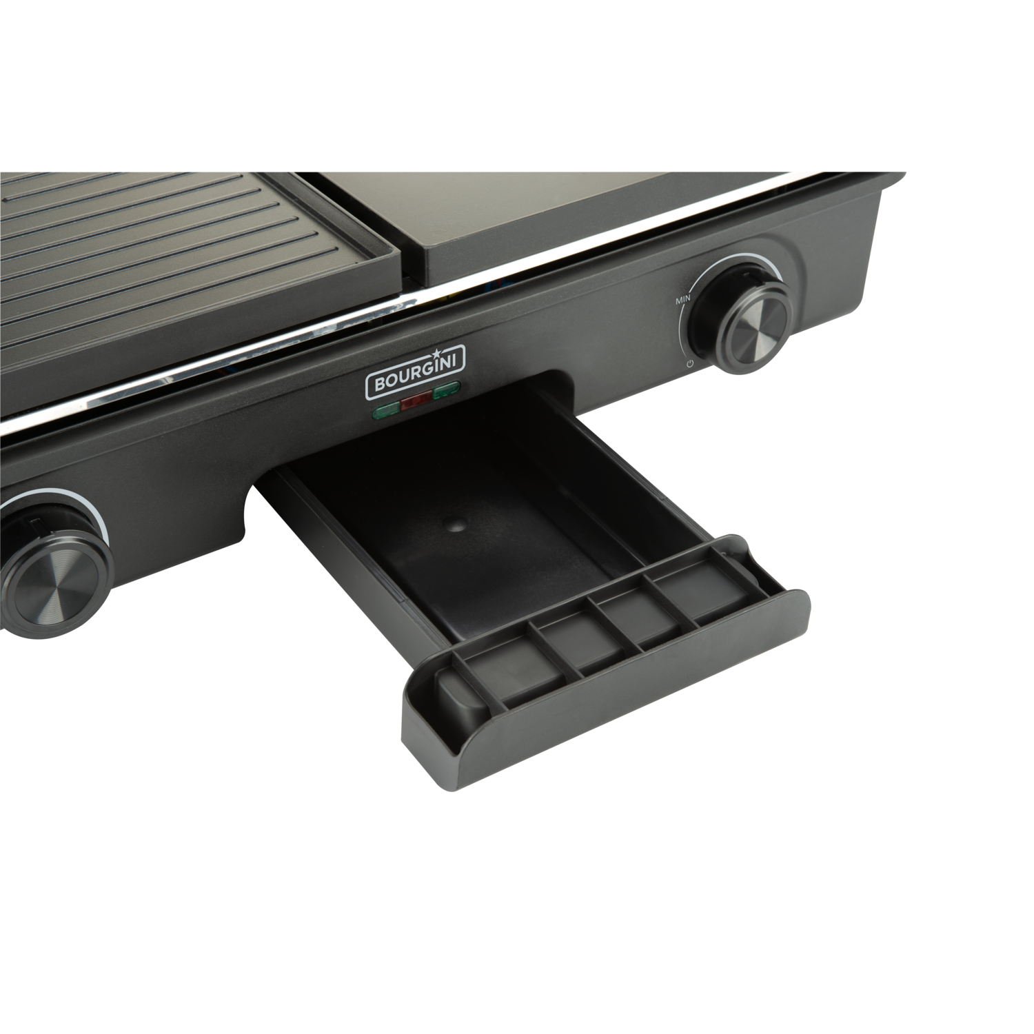 Close-up van een zwarte raclette grill met een uittrekbare lade.