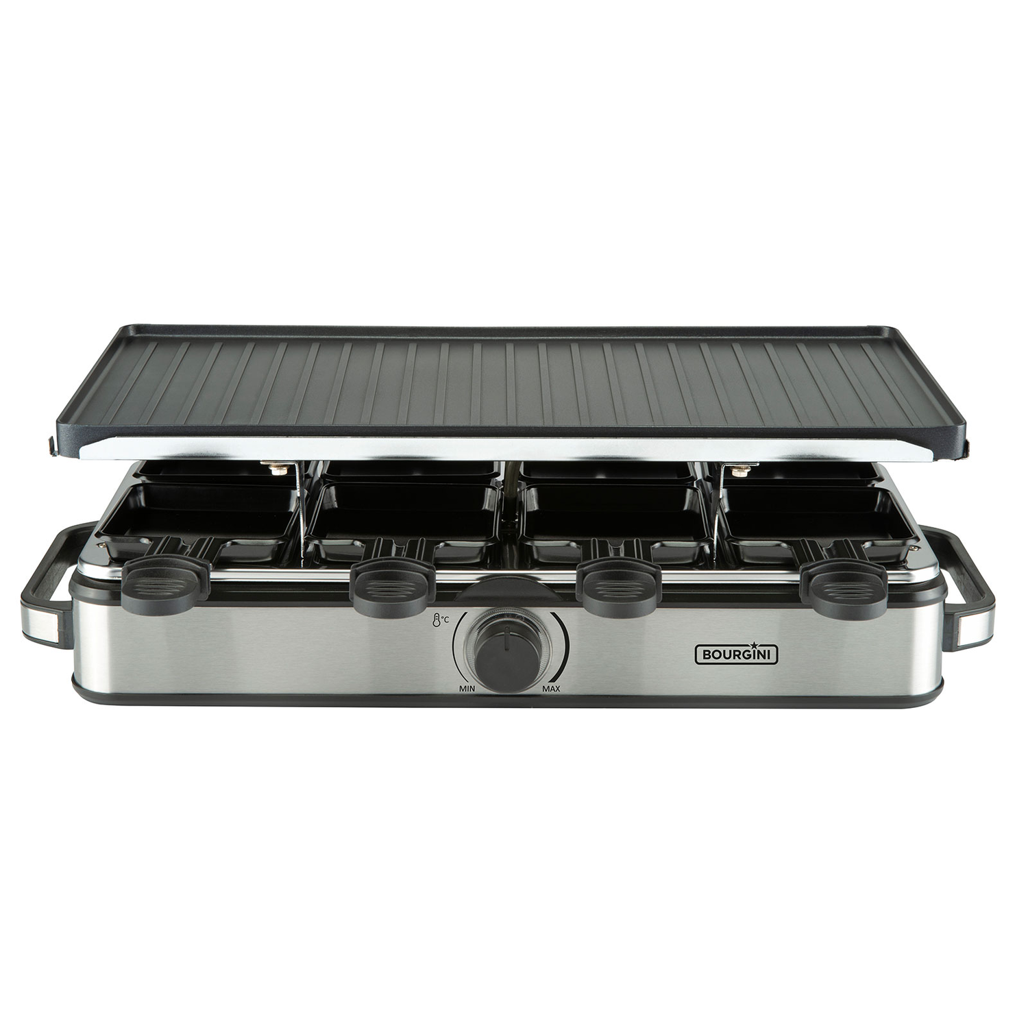 Een zilveren raclette grill met een zwarte grillplaat, vier kaasbakjes en een temperatuurregelaar, branding is zichtbaar.