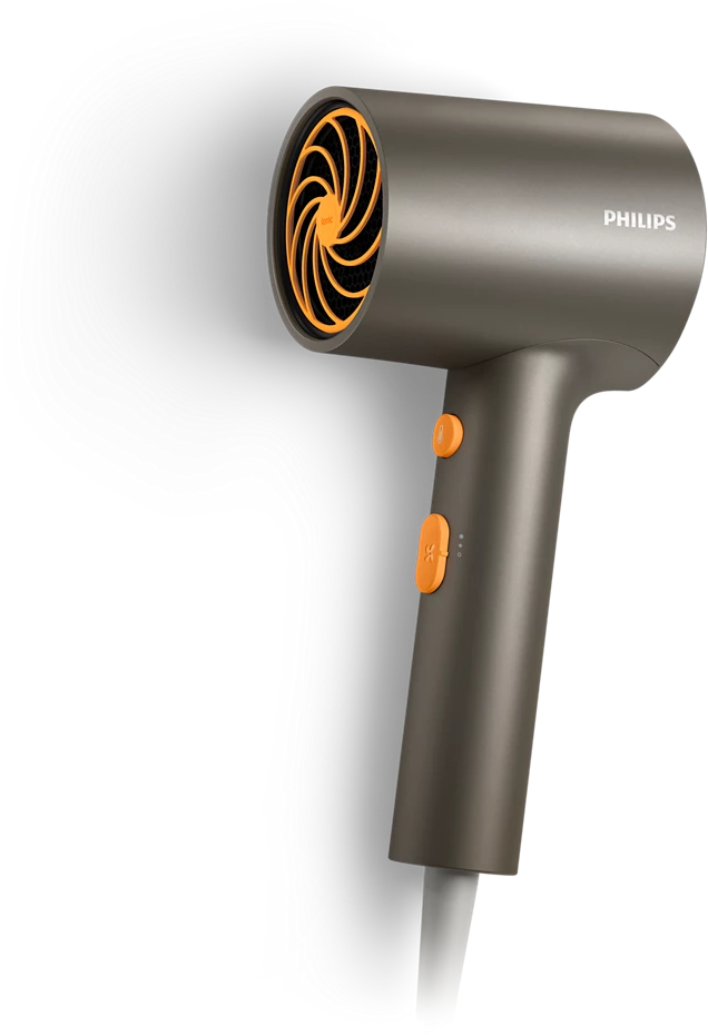 Szürke és narancssárga Philips hajszárító. A hajszárítón két narancssárga gomb és egy spirálozó narancssárga ventilátorburkolat van.