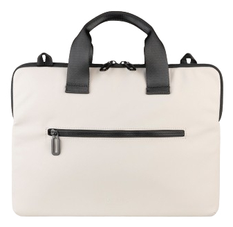 Beigefarbene Aktentasche mit schwarzem Griff und Reißverschluss. Die Tasche hat ein einfaches, rechteckiges Design.