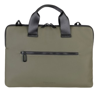 Olivgrüne Tucano Laptoptasche mit schwarzen Griffen, Reißverschluss und Logo auf weißem Grund.
