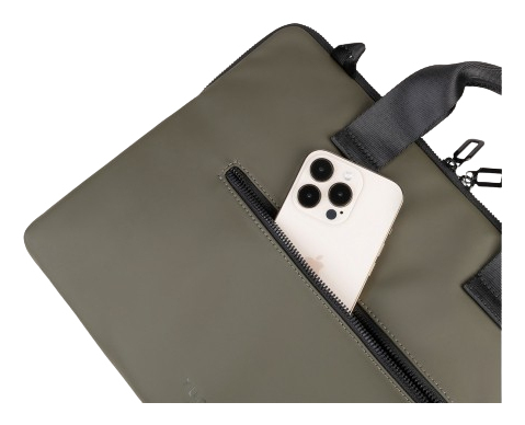 Olivgrüne Laptoptasche mit Handy in der Tasche. Schwarzer Reißverschluss und Griff sind vorhanden.