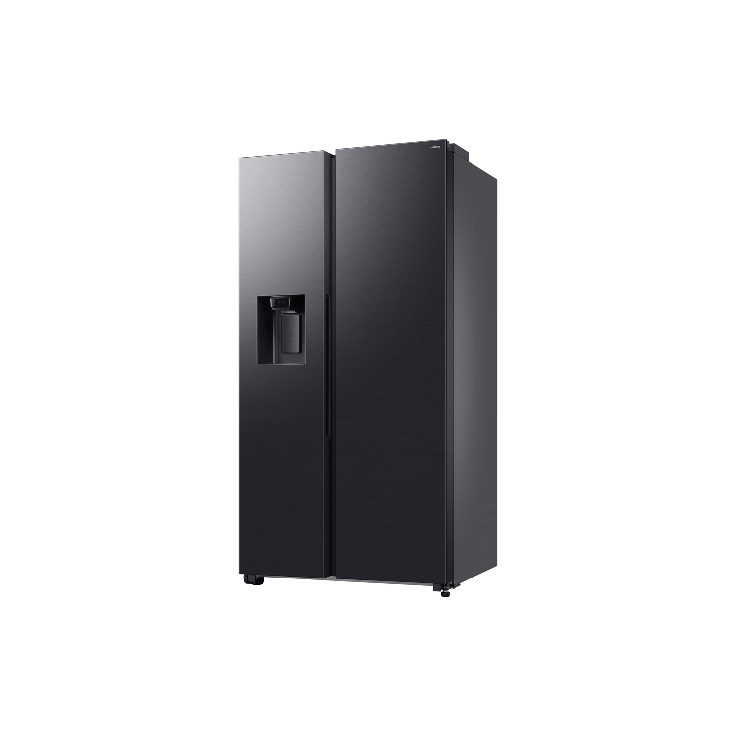Black refrigerator with two doors, water dispenser, and white background.