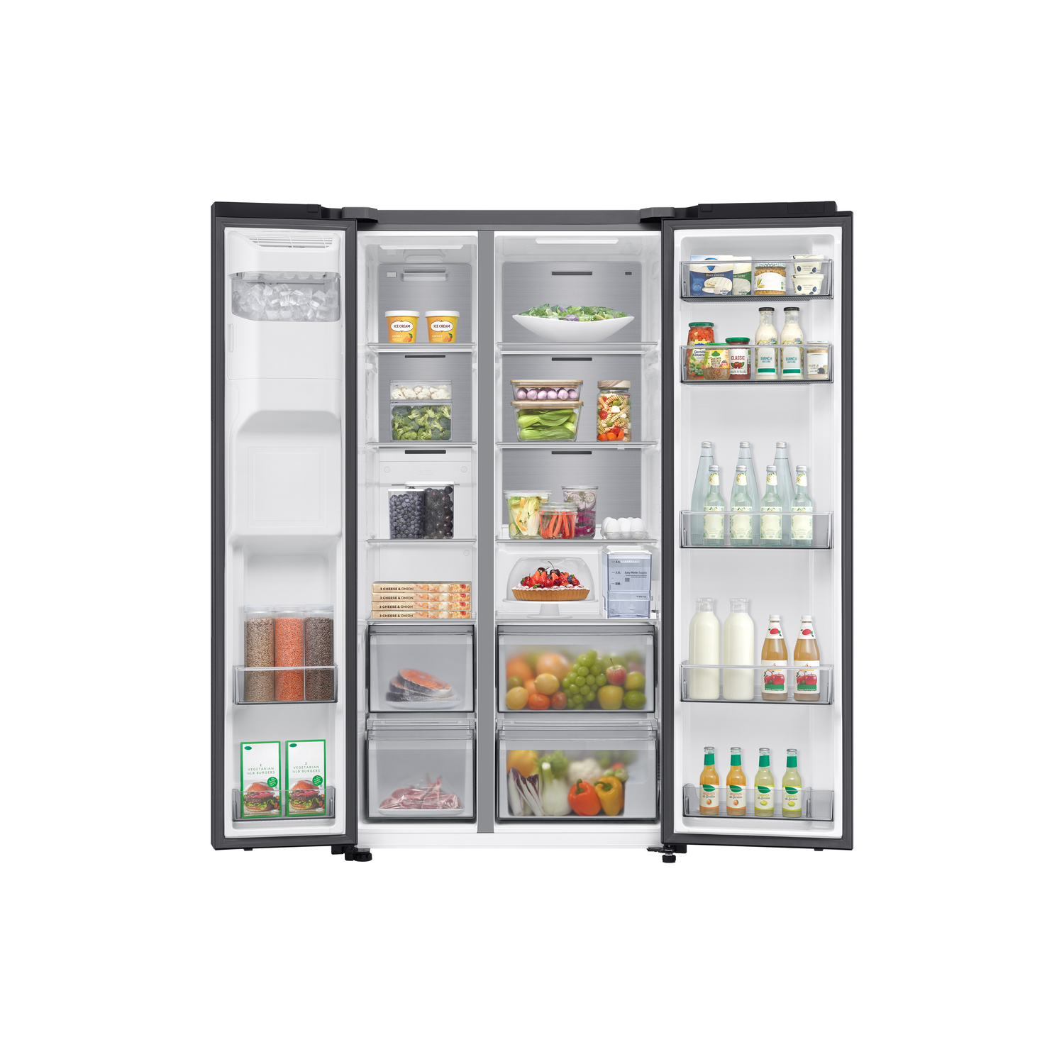 A refrigerator with open doors, showing the inside with food items.