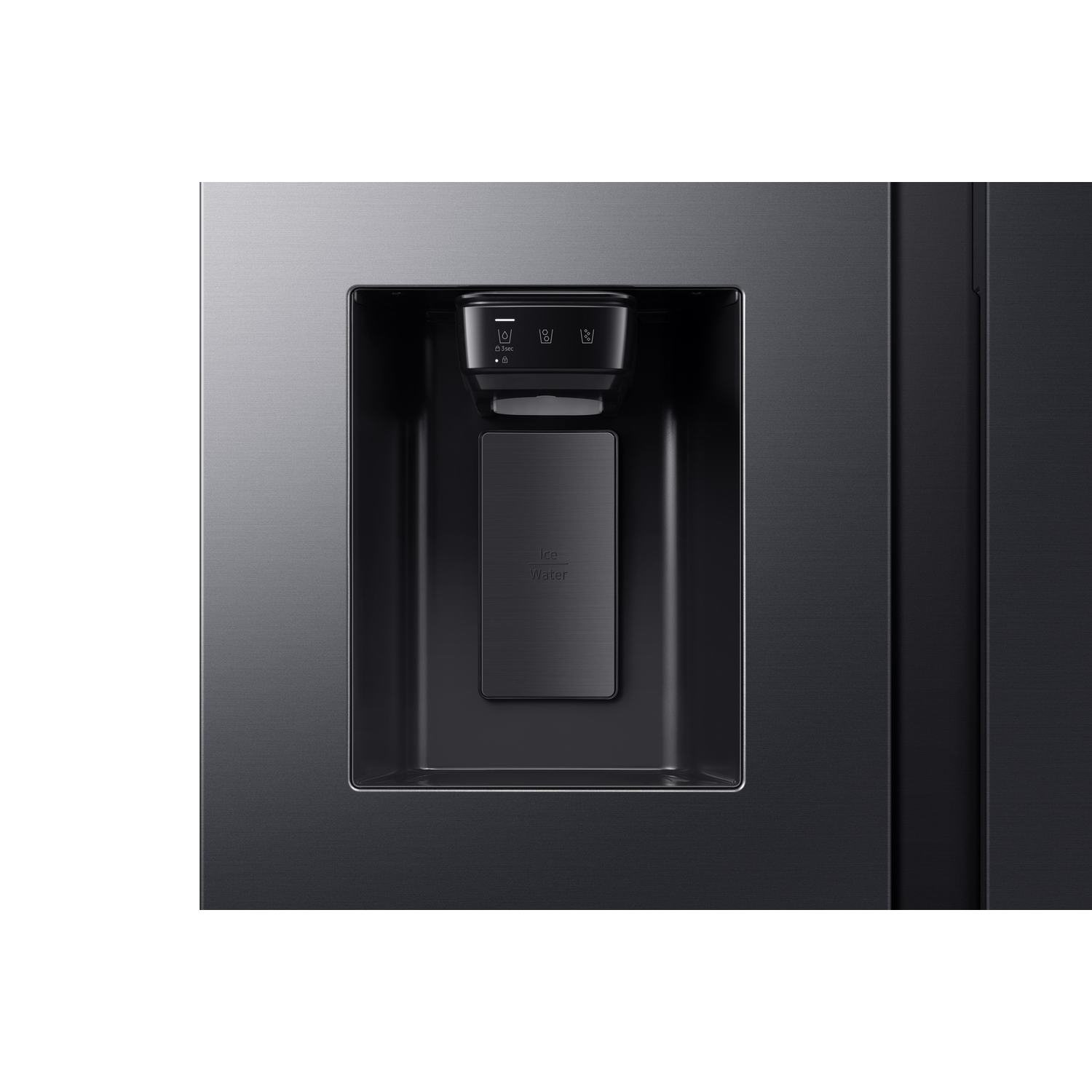 A close-up view of a black refrigerator's water and ice dispenser. The panel has touch controls.
