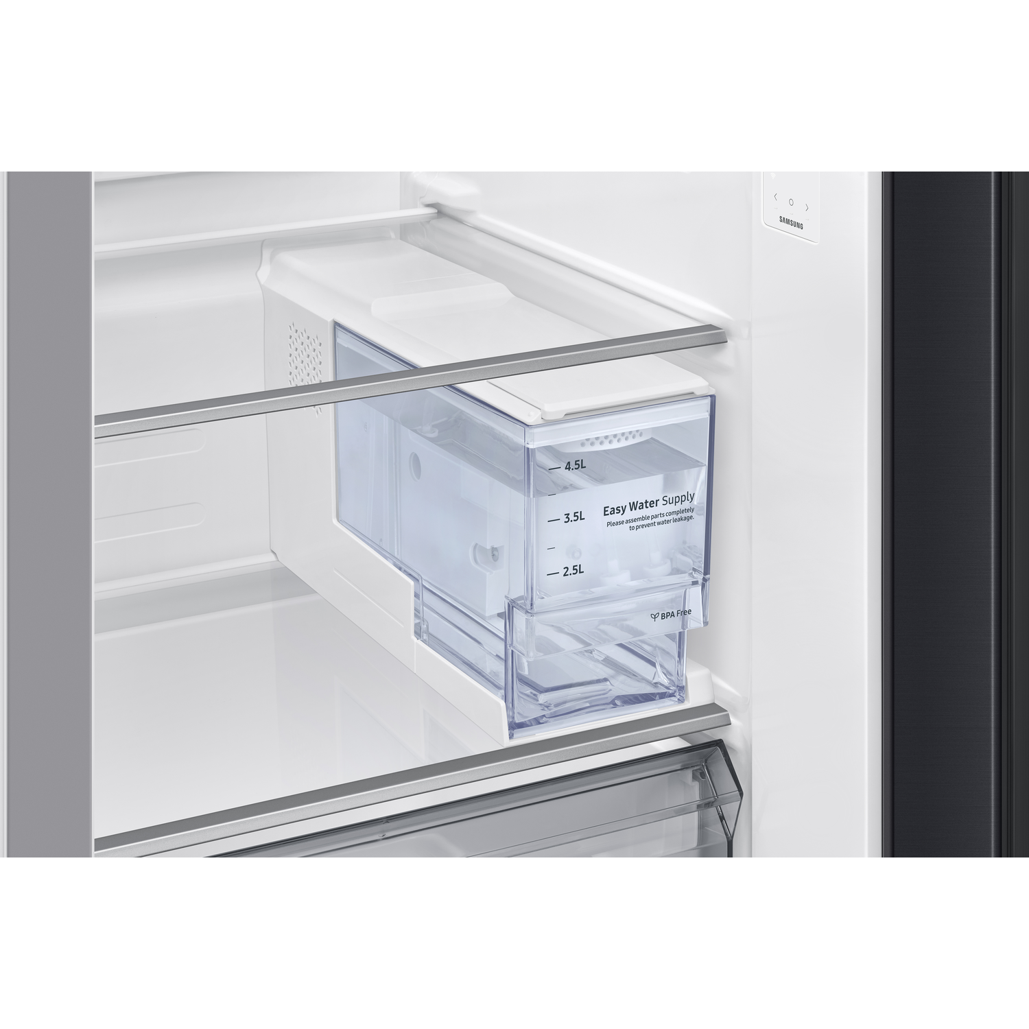 A refrigerator interior with an Easy Water Supply system.