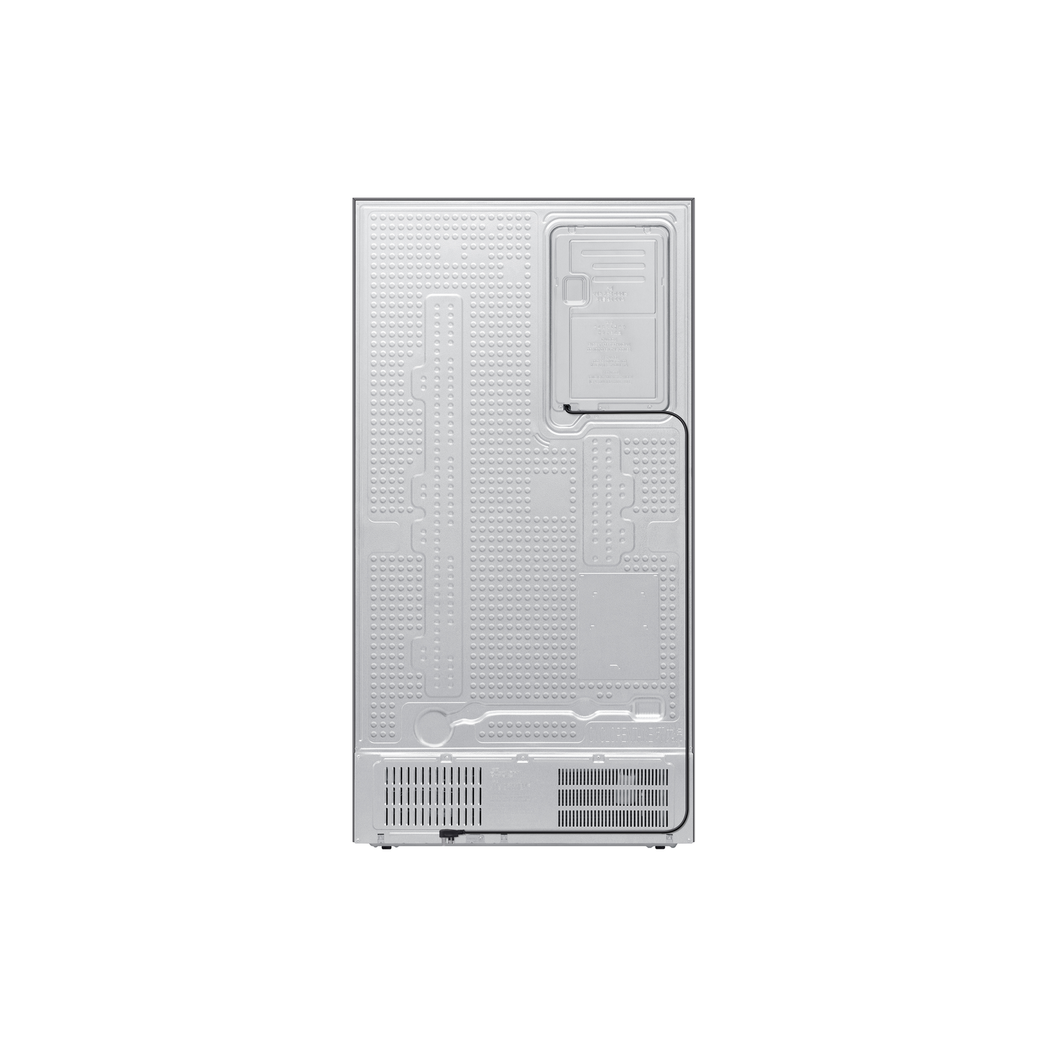 Back view of a refrigerator, featuring the compressor and various components.