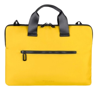Gelbe Laptoptasche mit schwarzem Griff und Reißverschluss.