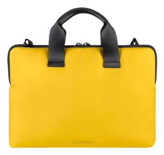 Gelbe Laptoptasche mit Griff, schwarzem Besatz und weißem Hintergrund.