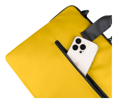Gelbe Laptoptasche mit Telefon in der Tasche. Schwarzer Reißverschluss und Griff.