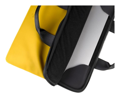 Eine gelbe Laptoptasche, teilweise geöffnet, mit einem Laptop darin.