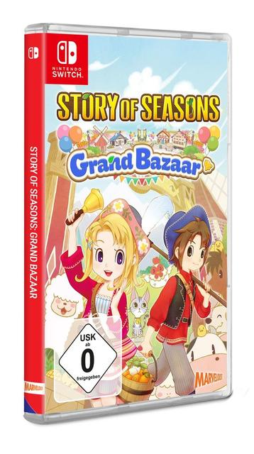 Videospielbox. Story of Seasons, Grand Bazaar, mit zwei Cartoonfiguren darauf.