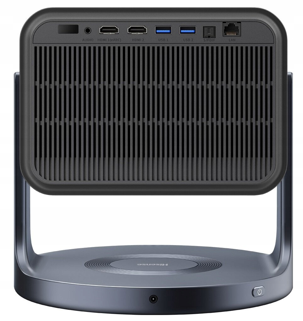 Czarny projektor z portami z tyłu, zamontowany na szarej, okrągłej podstawie.