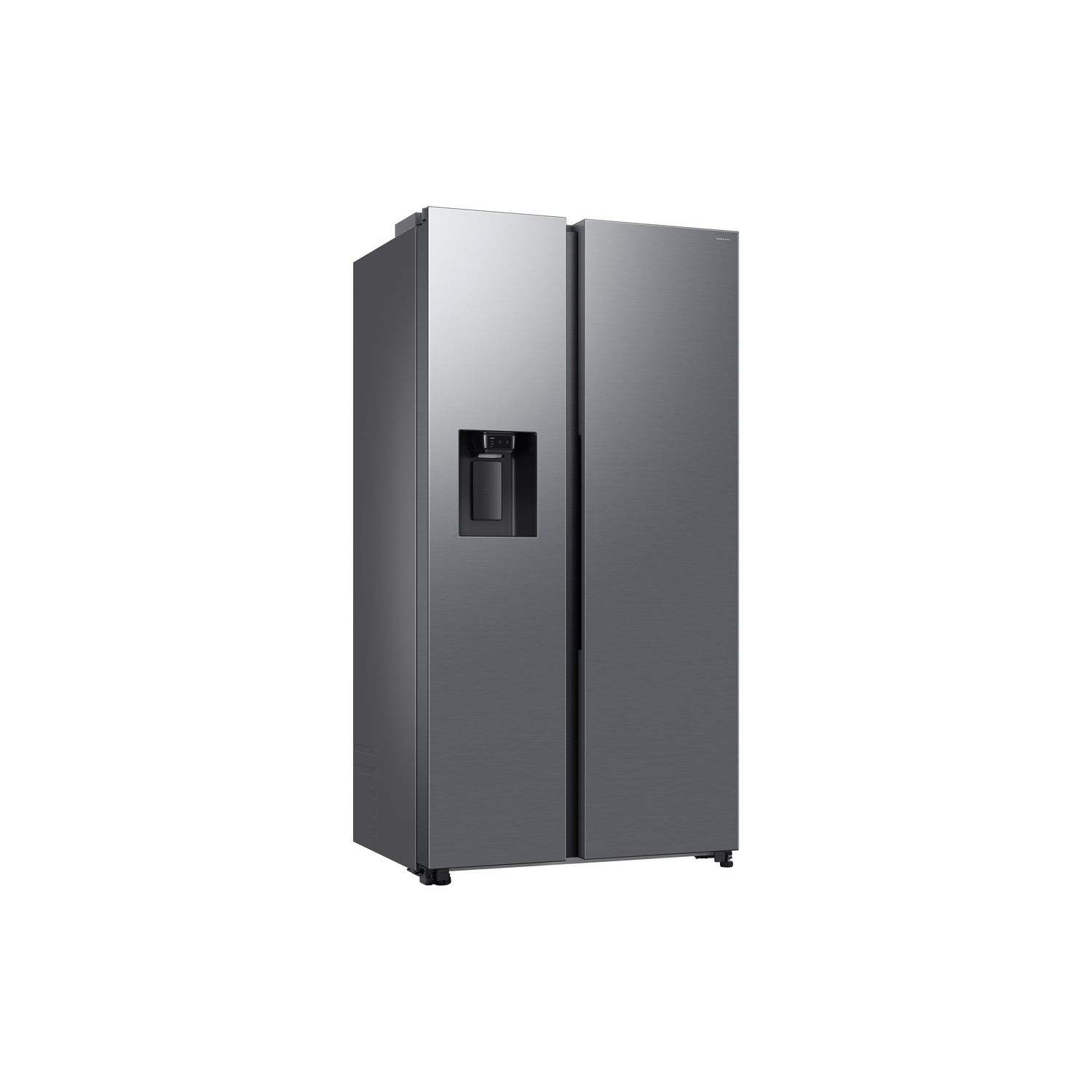Gray side-by-side refrigerator with water dispenser on the left door, white background.