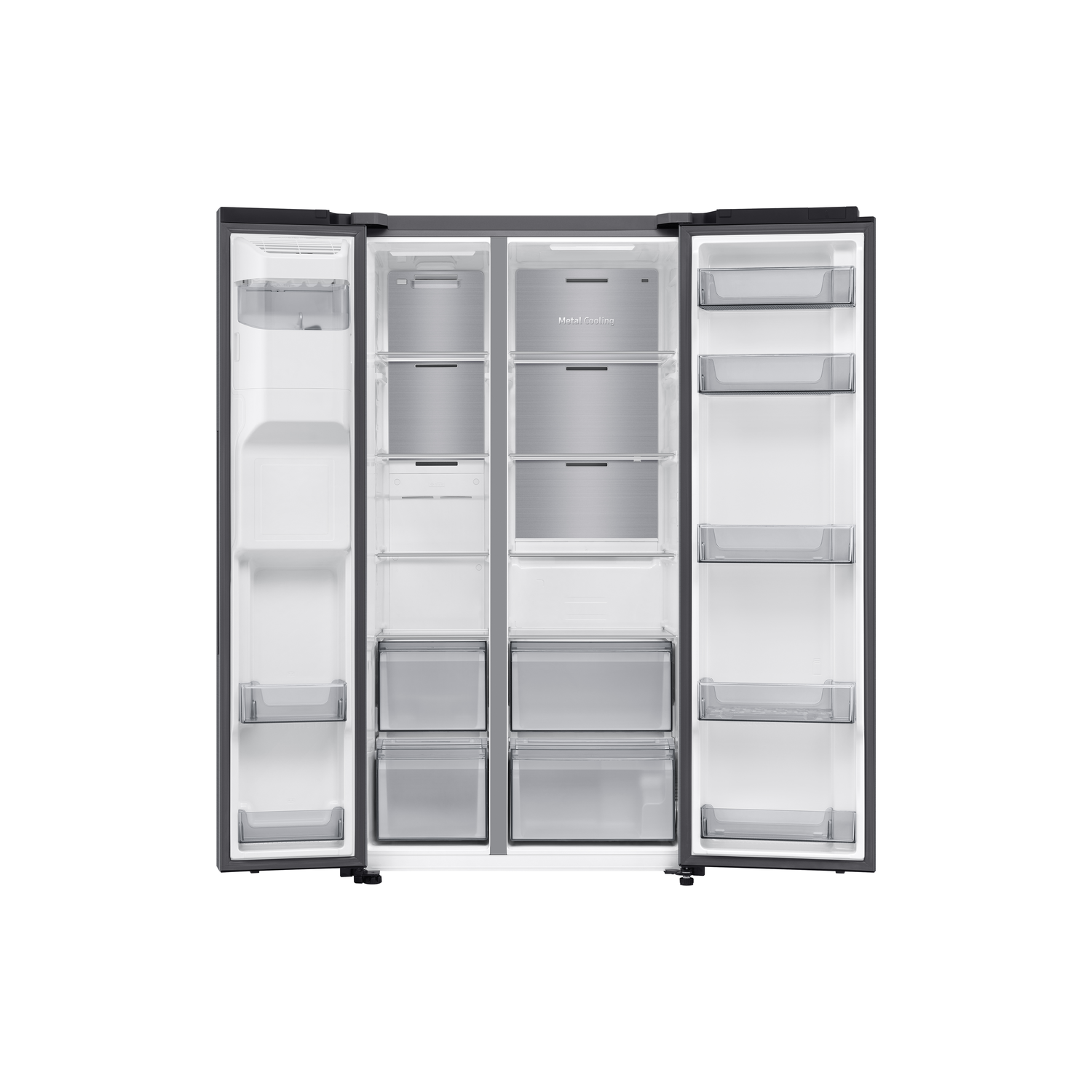 Open refrigerator with organized contents. Drawers, shelves, and containers are filled with items.