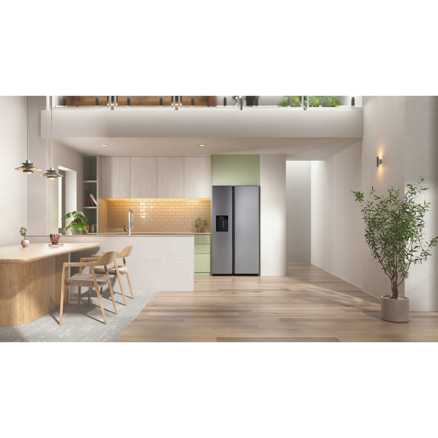 Kitchen interior with a refrigerator, wide angle shot.