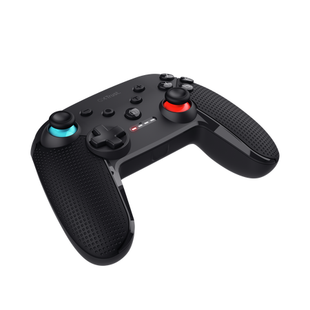 Czarny kontroler do gier z czerwonymi i niebieskimi przyciskami.