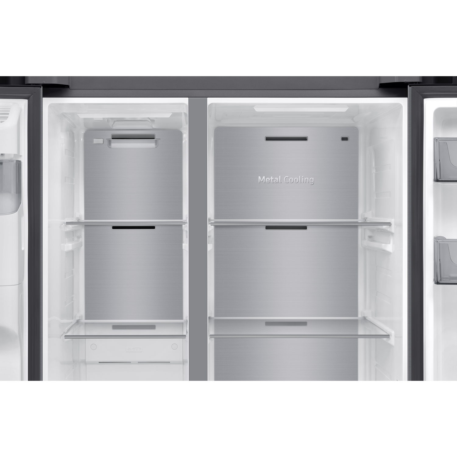 Open fridge interior. Metal shelves. The words 'Metal Cooling' are visible.