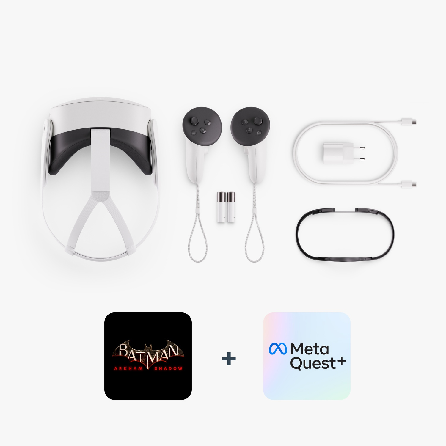 Cuffie VR, controller, cavo di ricarica e accessori su superficie bianca, con loghi di giochi.