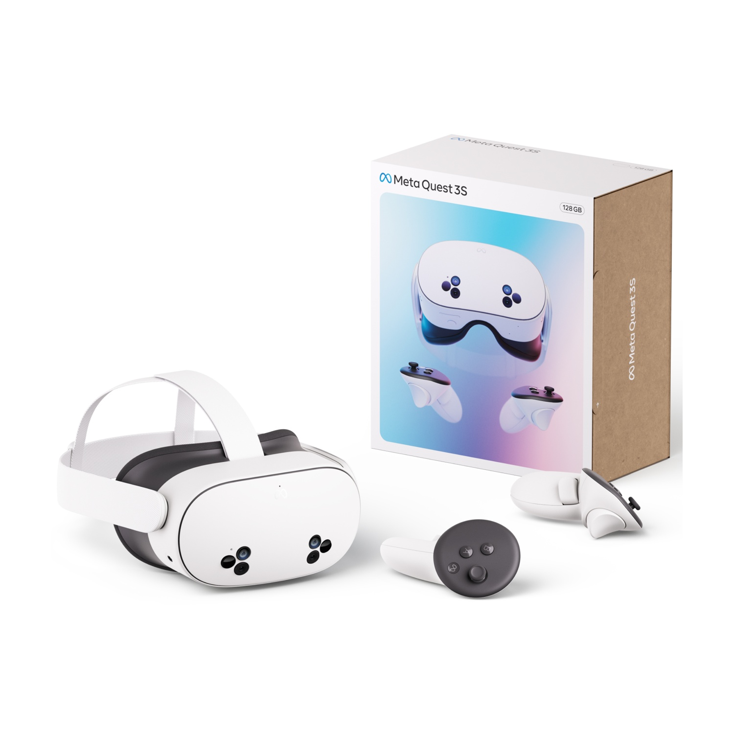Cuffie VR, controller e scatola con immagine di cuffie VR su sfondo bianco.
