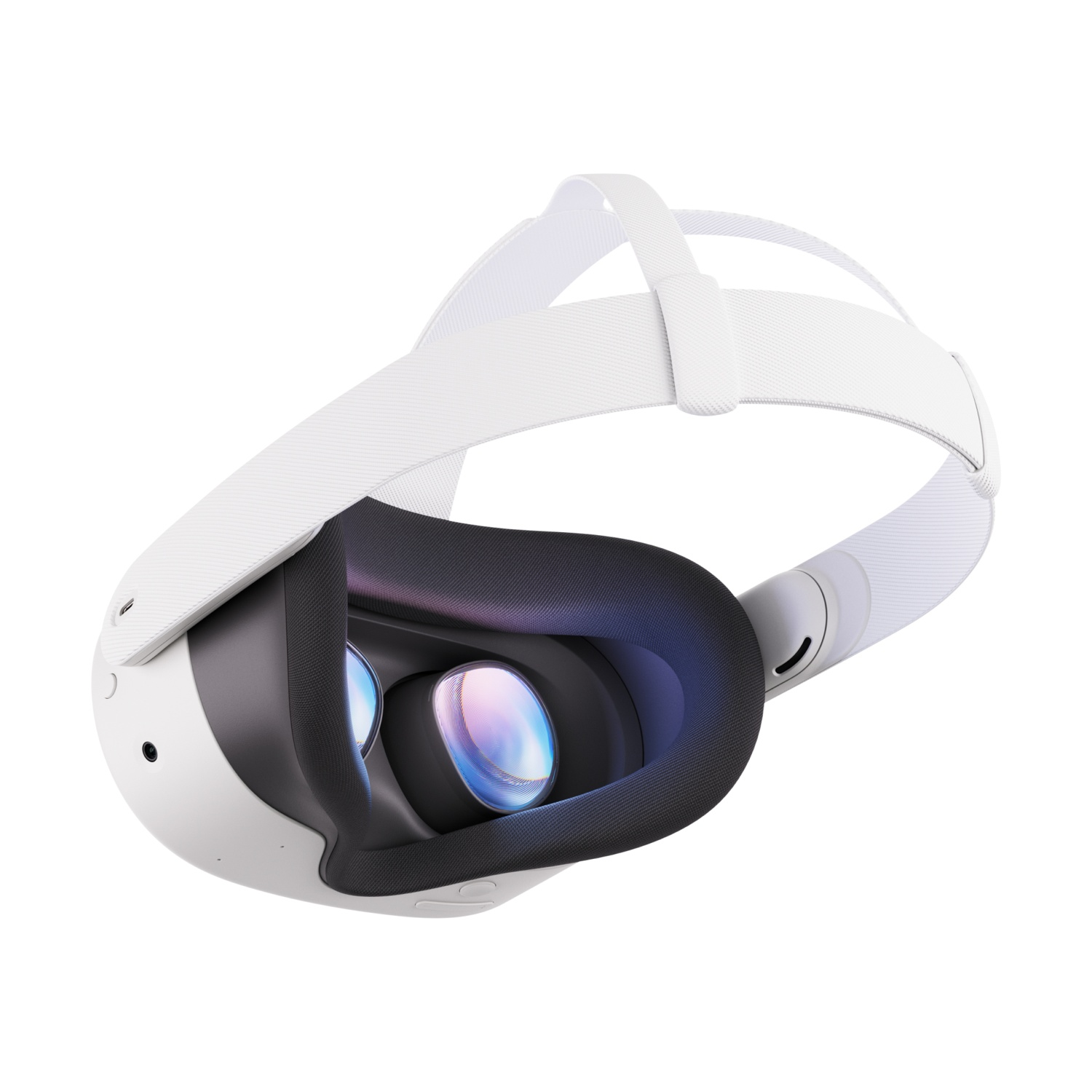 Cuffie VR bianche, interno nero e cinghie bianche. Le lenti sono visibili.