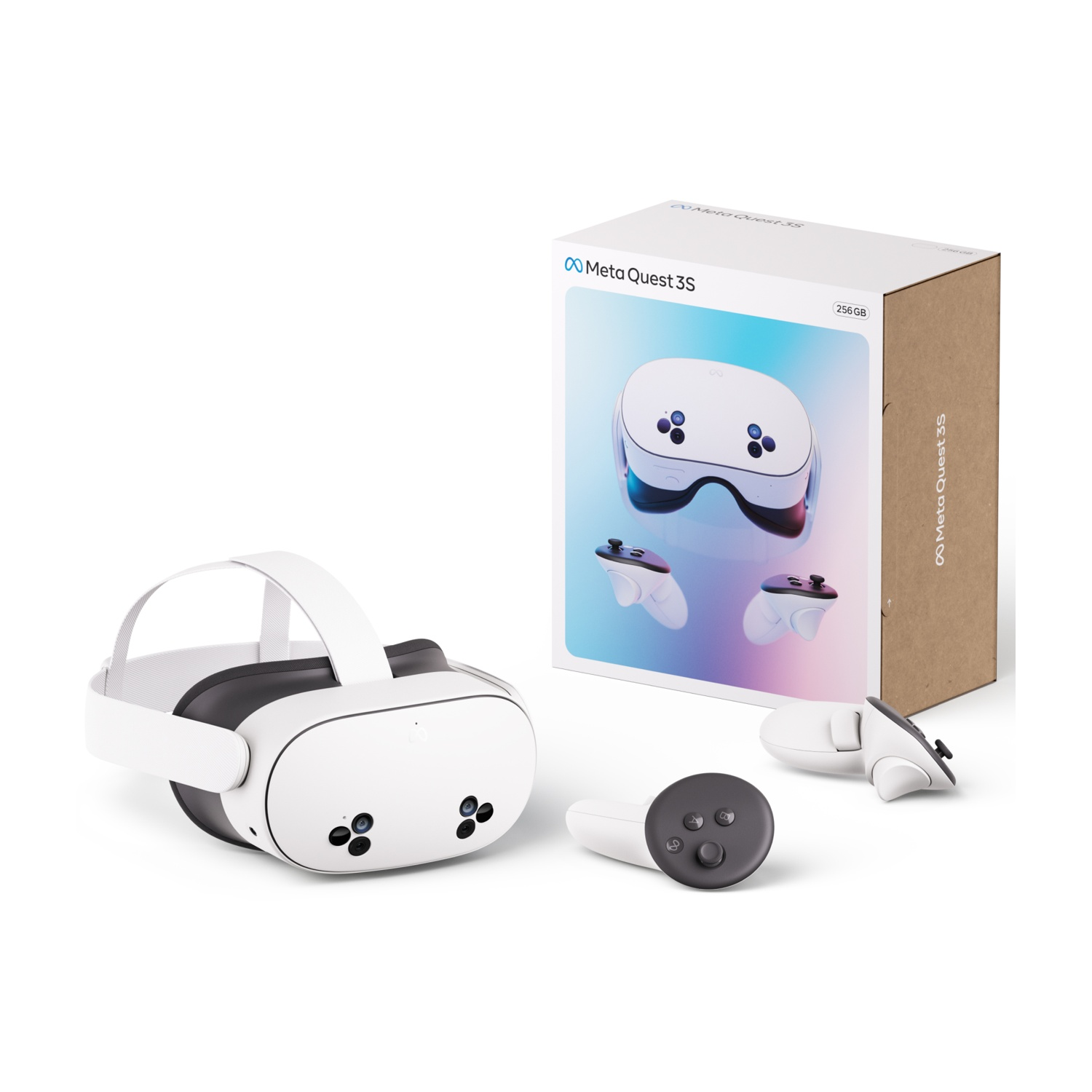 Cuffie VR, controller e scatola con immagine di cuffie VR su sfondo bianco.
