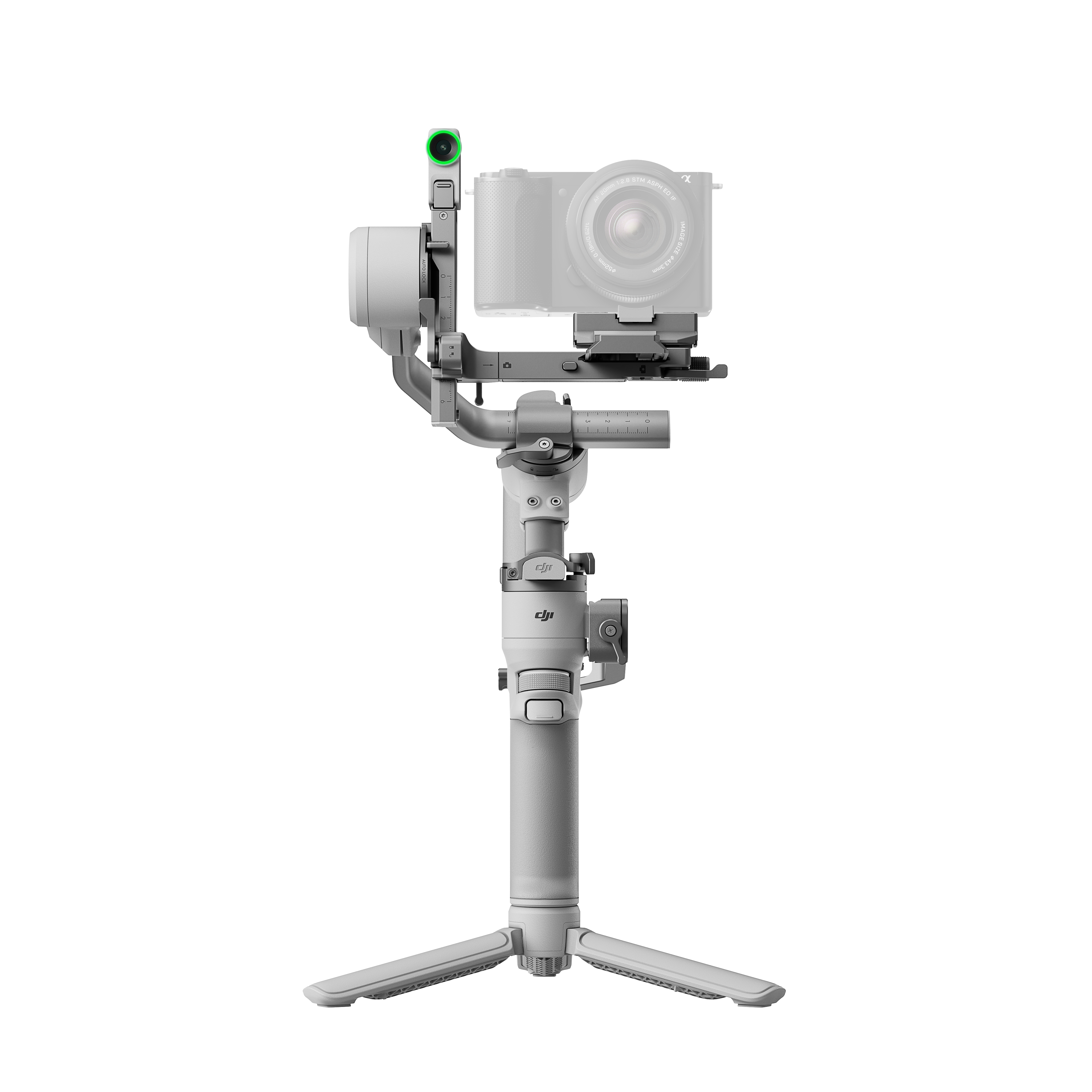 Siyah bir kameraya bağlı beyaz ve gümüş bir kamera sabitleyici. Kurulum bir tripod üzerinde.