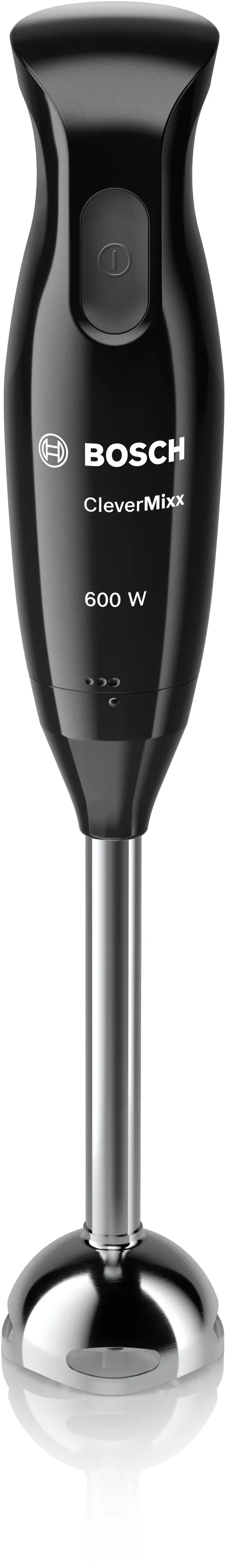 Fekete Bosch CleverMixx botmixer. Ezüst keverőtengelye és bekapcsológombja van.