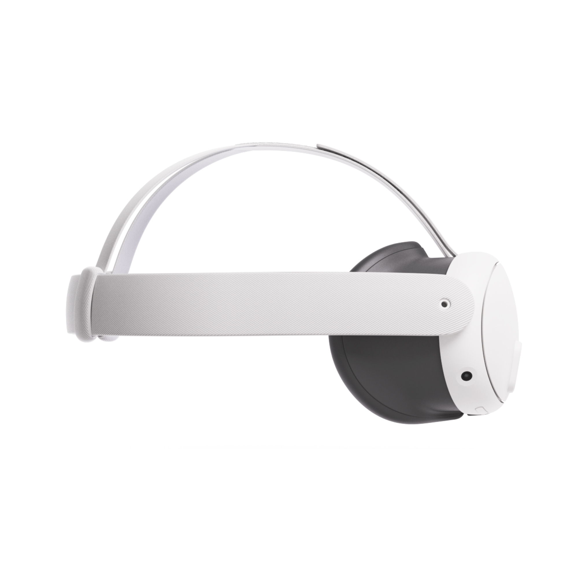Cuffie VR bianche e nere, vista laterale, isolate su bianco.
