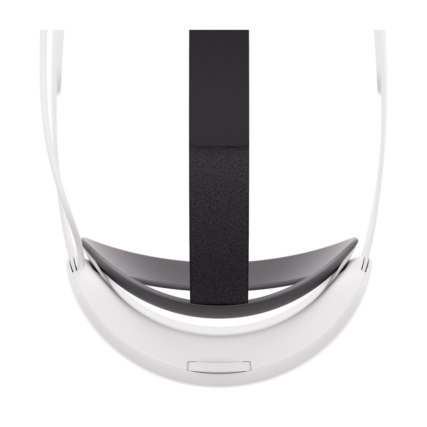 Cuffie VR bianche, vista dall'alto. Cinturino e cuscino neri. Design curvo bianco.