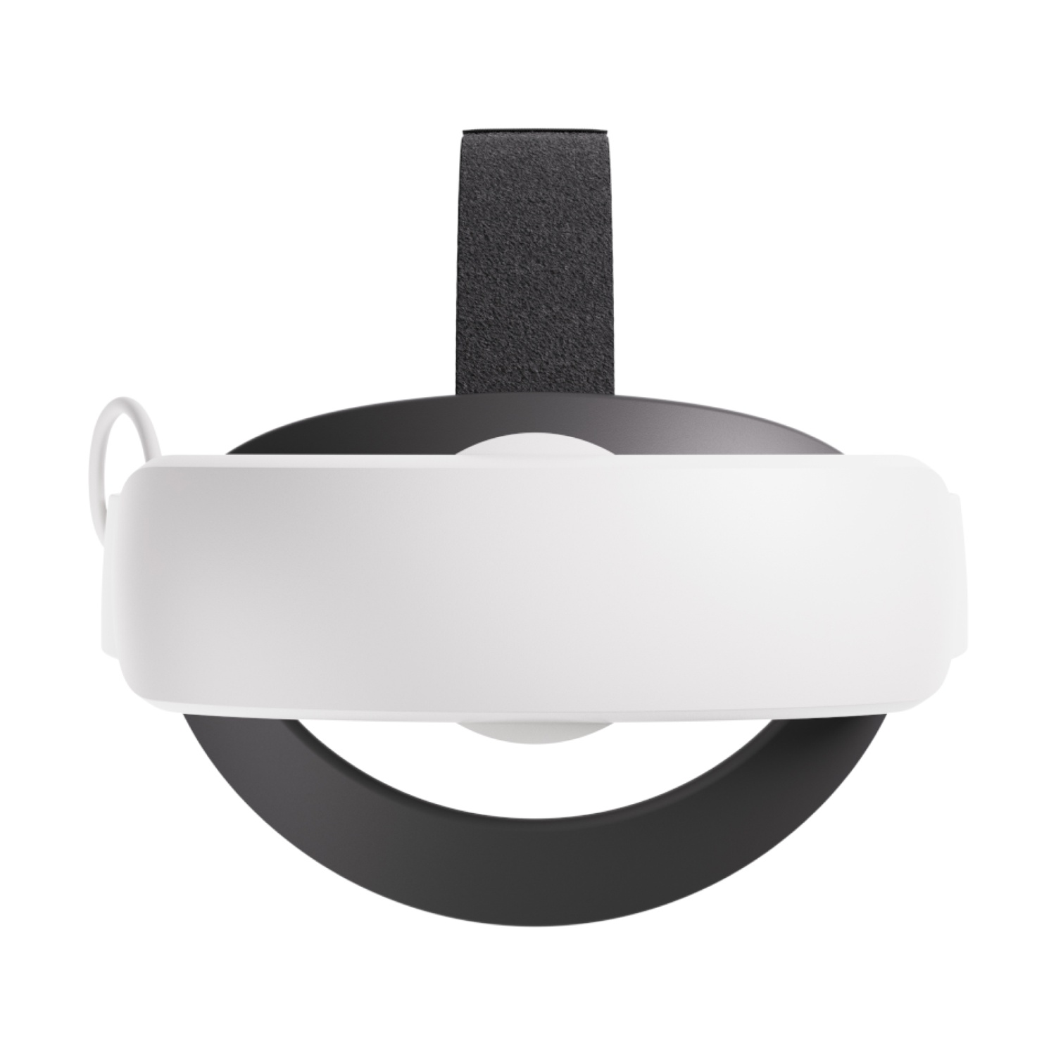 Cuffie VR, vista dall'alto. Parte anteriore bianca, fascia e cinturino neri. L'auricolare ha un design liscio e arrotondato. Cinturino nero.