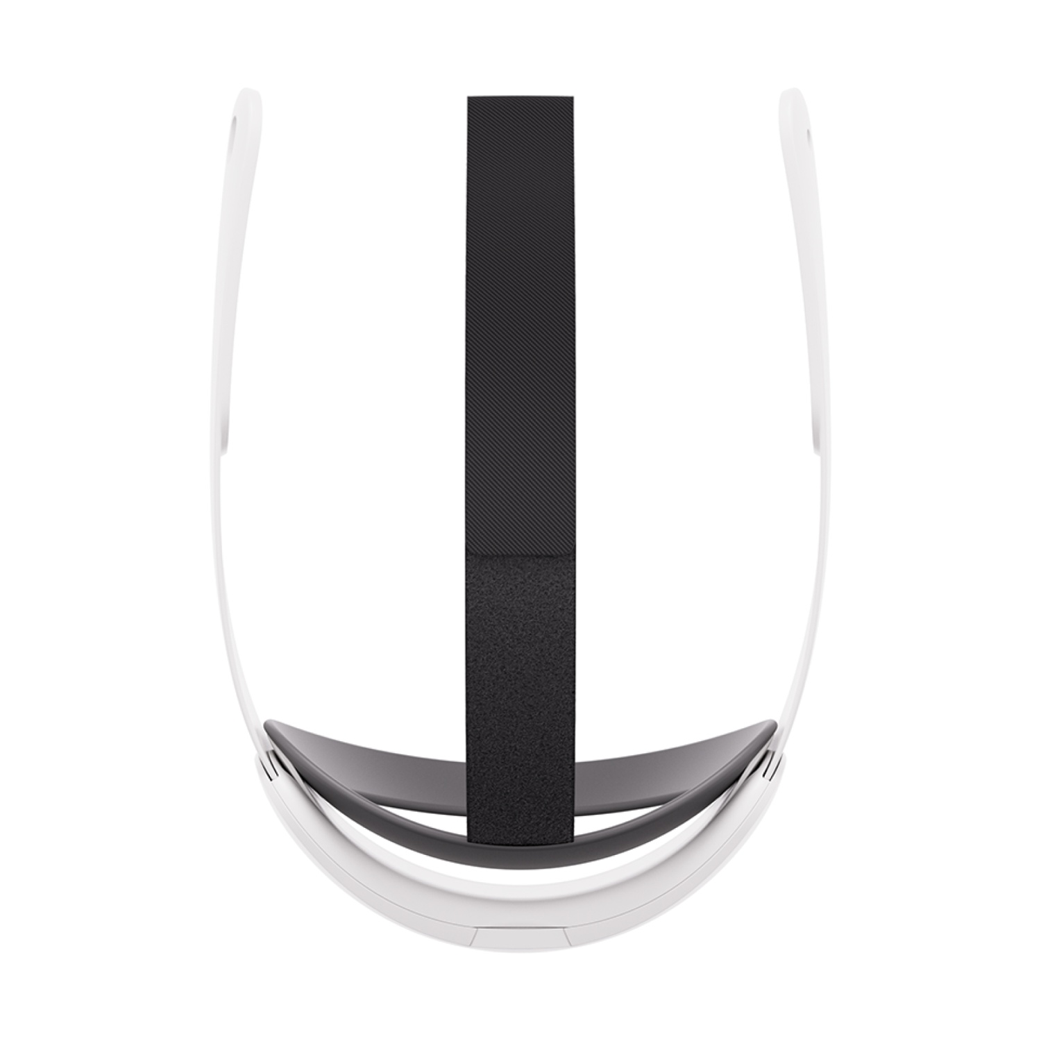 Un visore VR bianco con cinturino nero, visto dall'alto su sfondo bianco.