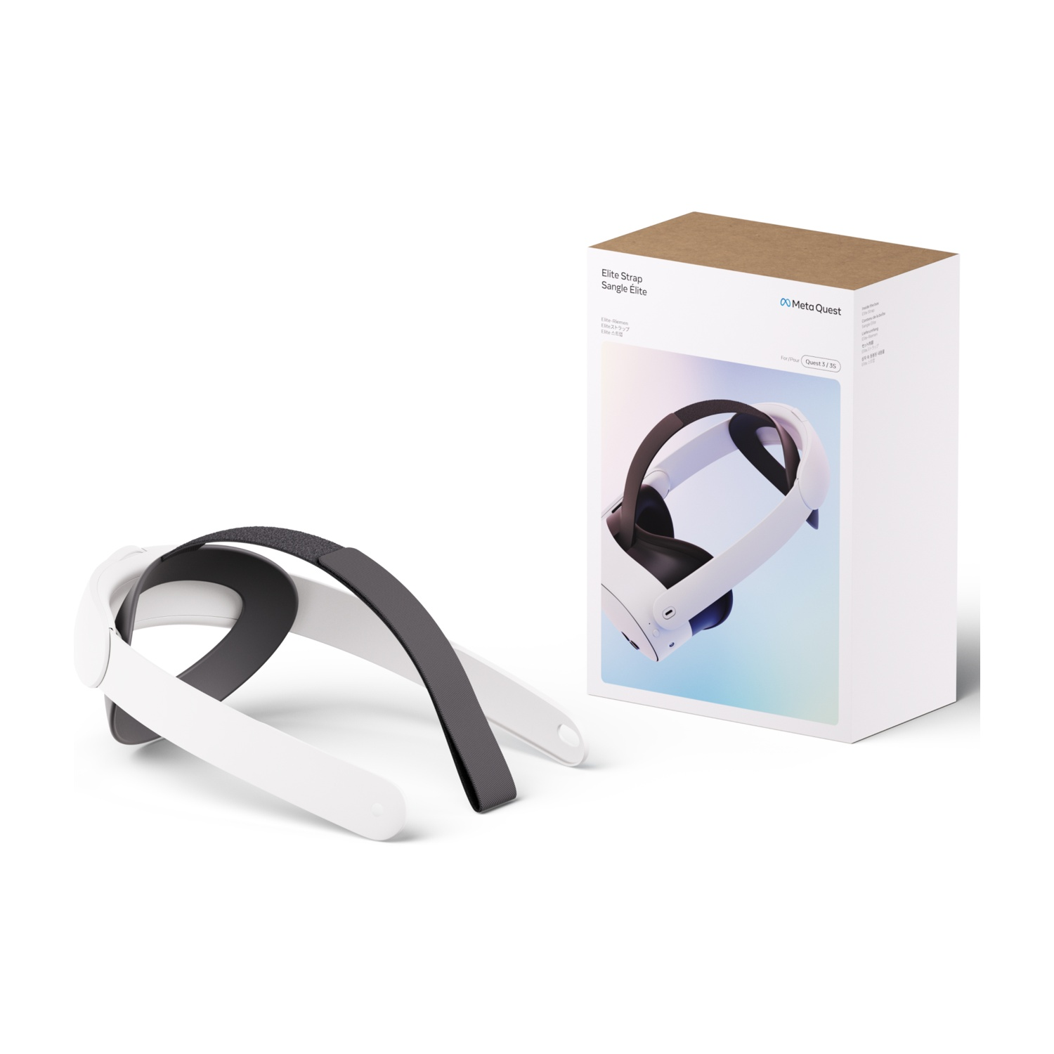 Cinturino Elite Oculus Quest 2 bianco e nero e la sua scatola.