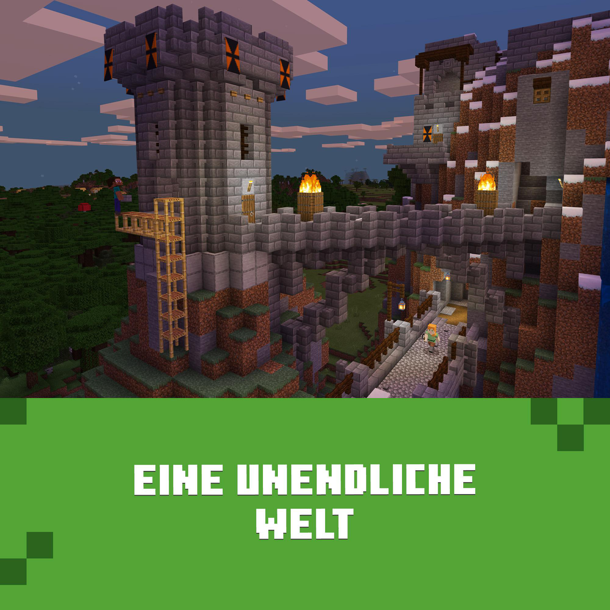 Eine Minecraft-Burg mit Türmen, Brücken und grünem Text, der "EINE UNENDLICHE WELT" sagt.