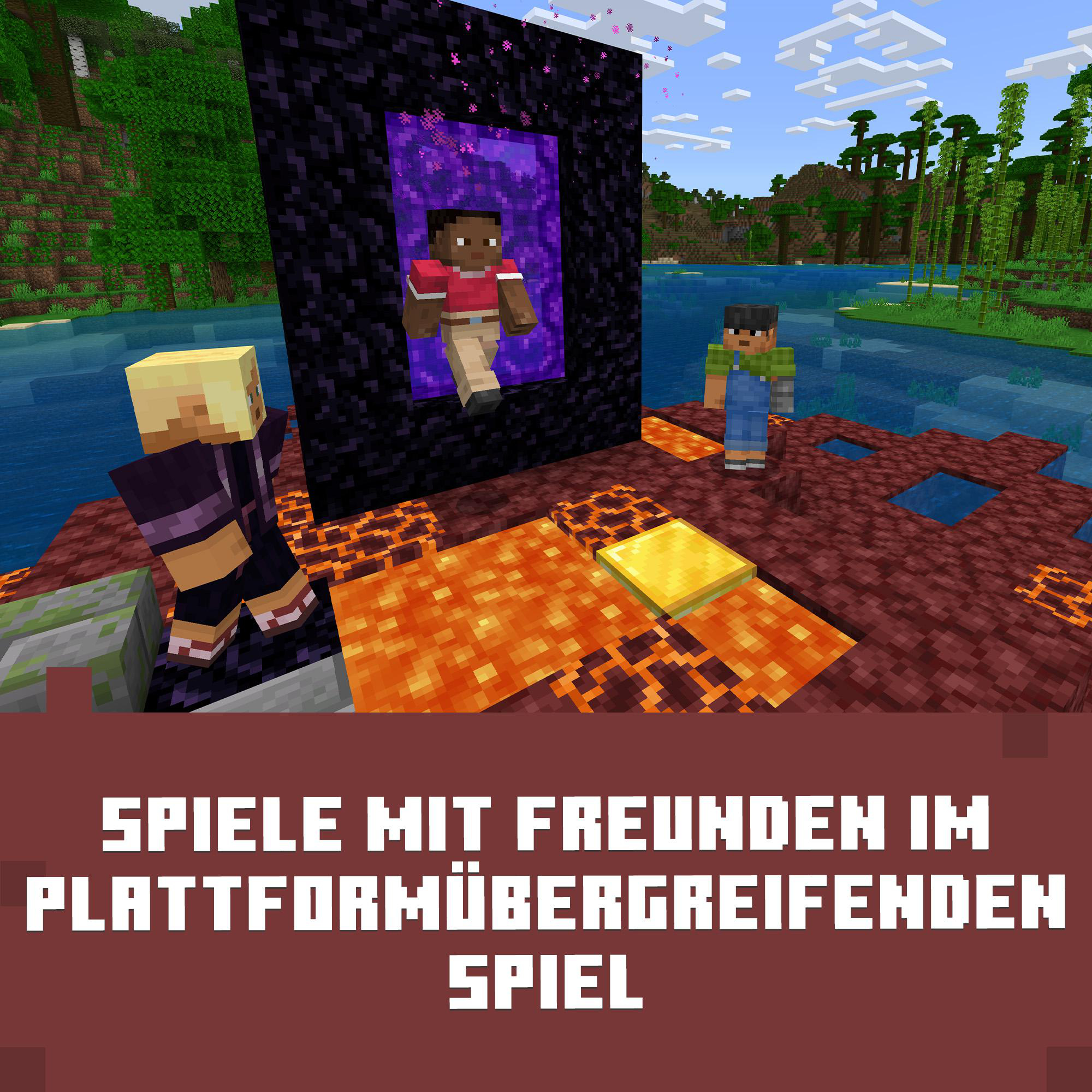 Minecraft-Szene. Zwei Personen in der Nähe eines Nether-Portals, Text-Overlay: Mit Freunden spielen.
