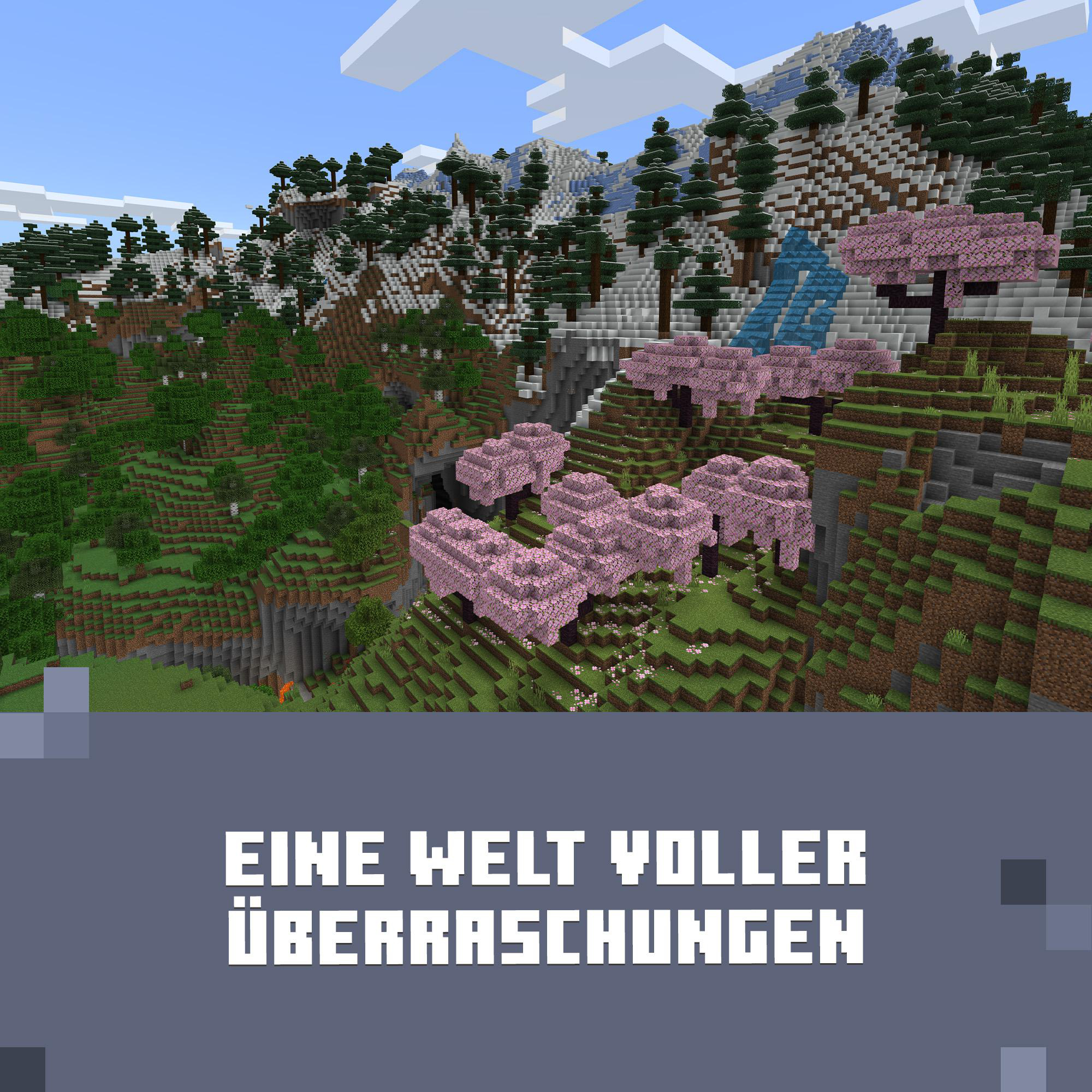Minecraft-Landschaft mit Bergen, Bäumen und einem Text-Overlay im Vordergrund.
