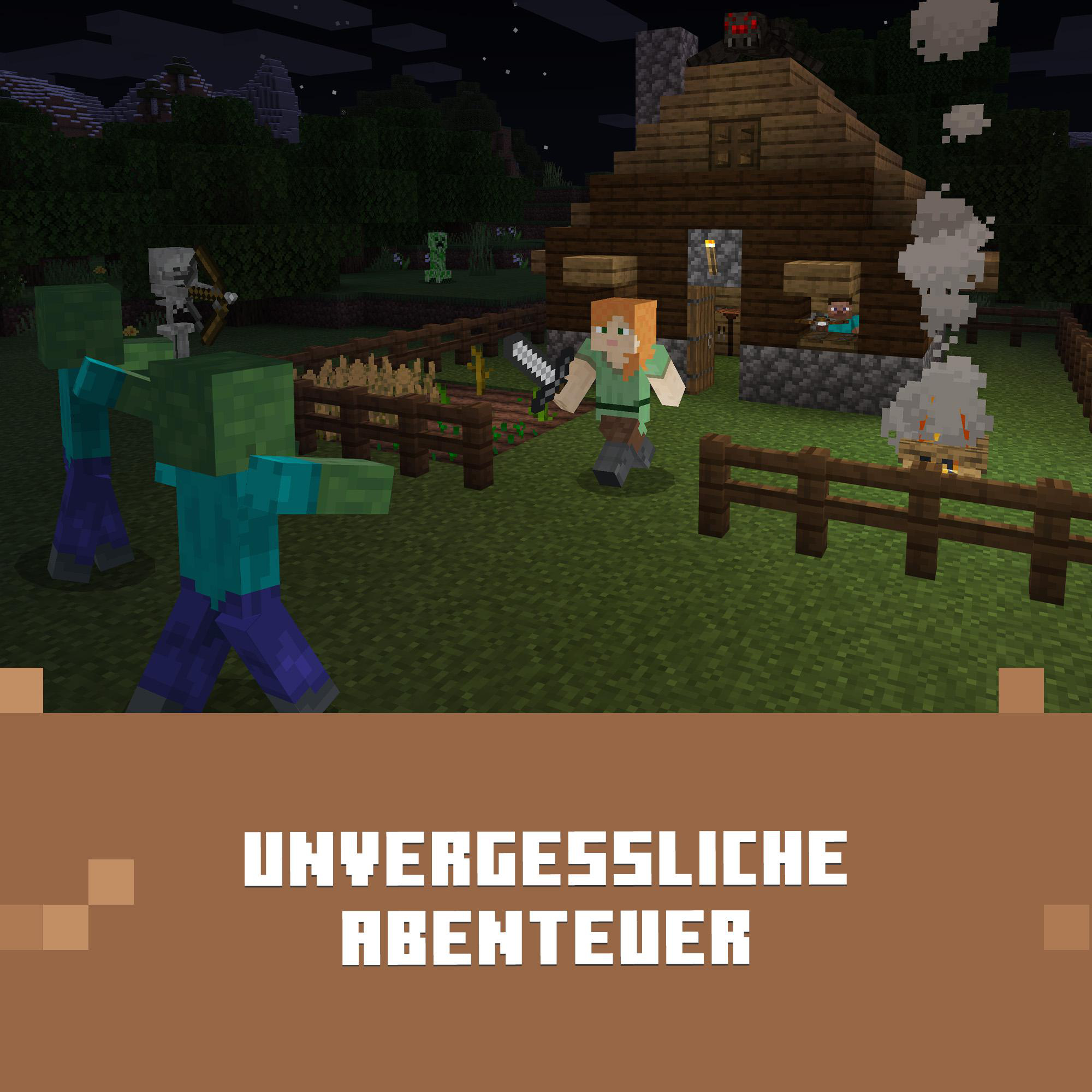 Minecraft-Szene mit Haus, Zombies, Alex und Creeper bei Nacht. Text: UNVERGESSLICHE ABENTEUER.
