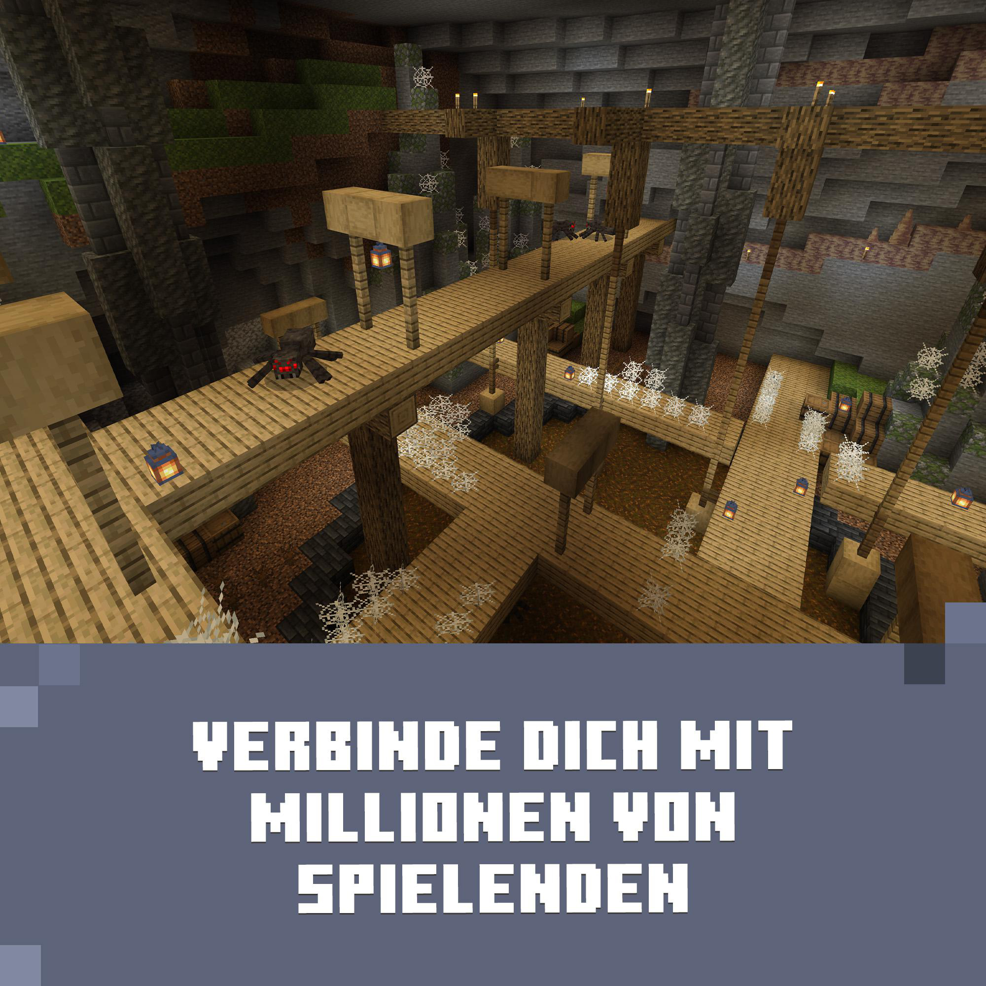 Minecraft-Spiel-Screenshot mit Holzbrücken, einer Höhle und Text auf Deutsch.