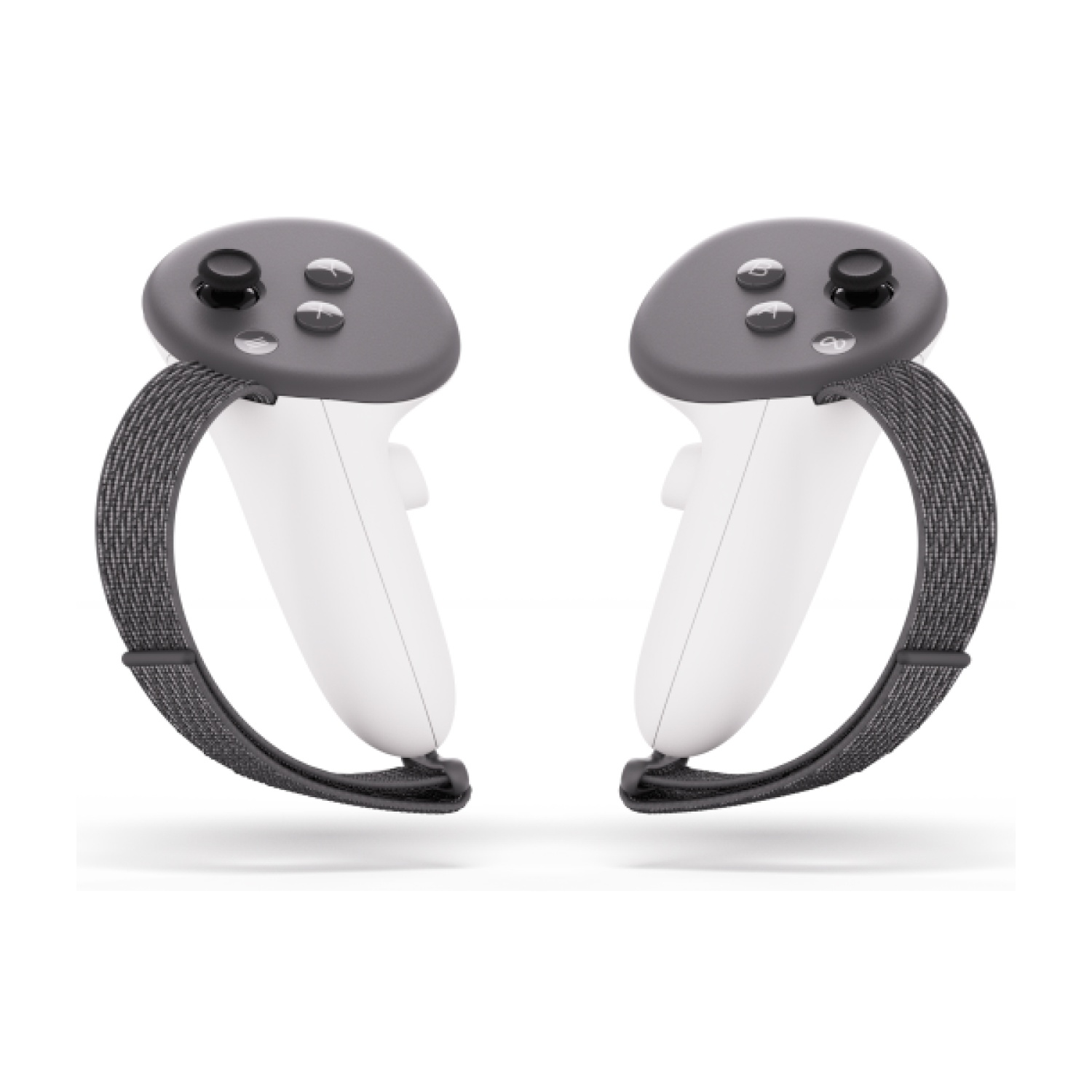 Due controller Oculus Quest 2 bianchi, con cinturini grigi.