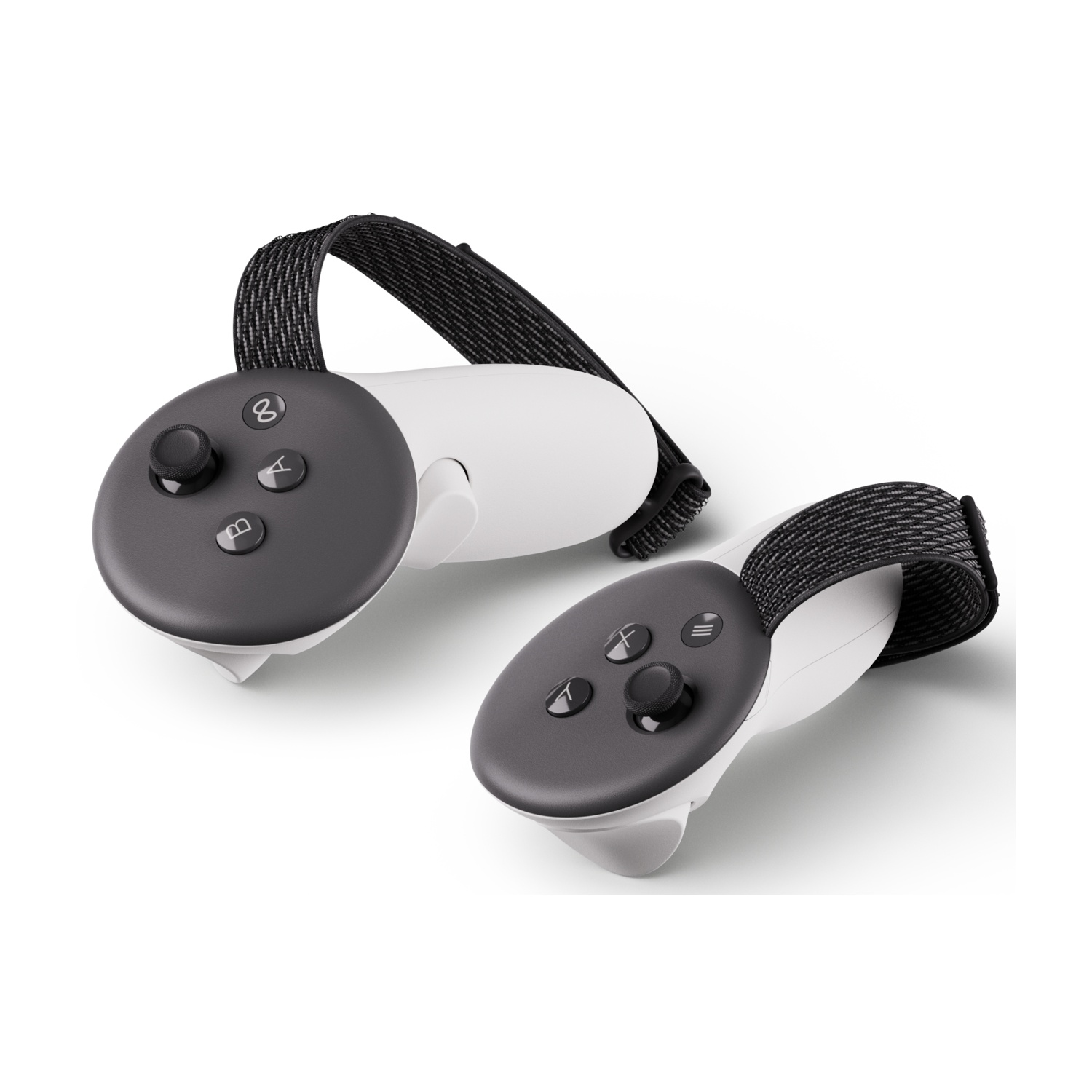 Controller VR con cinturini e pulsanti neri, su una superficie bianca, vista angolata.