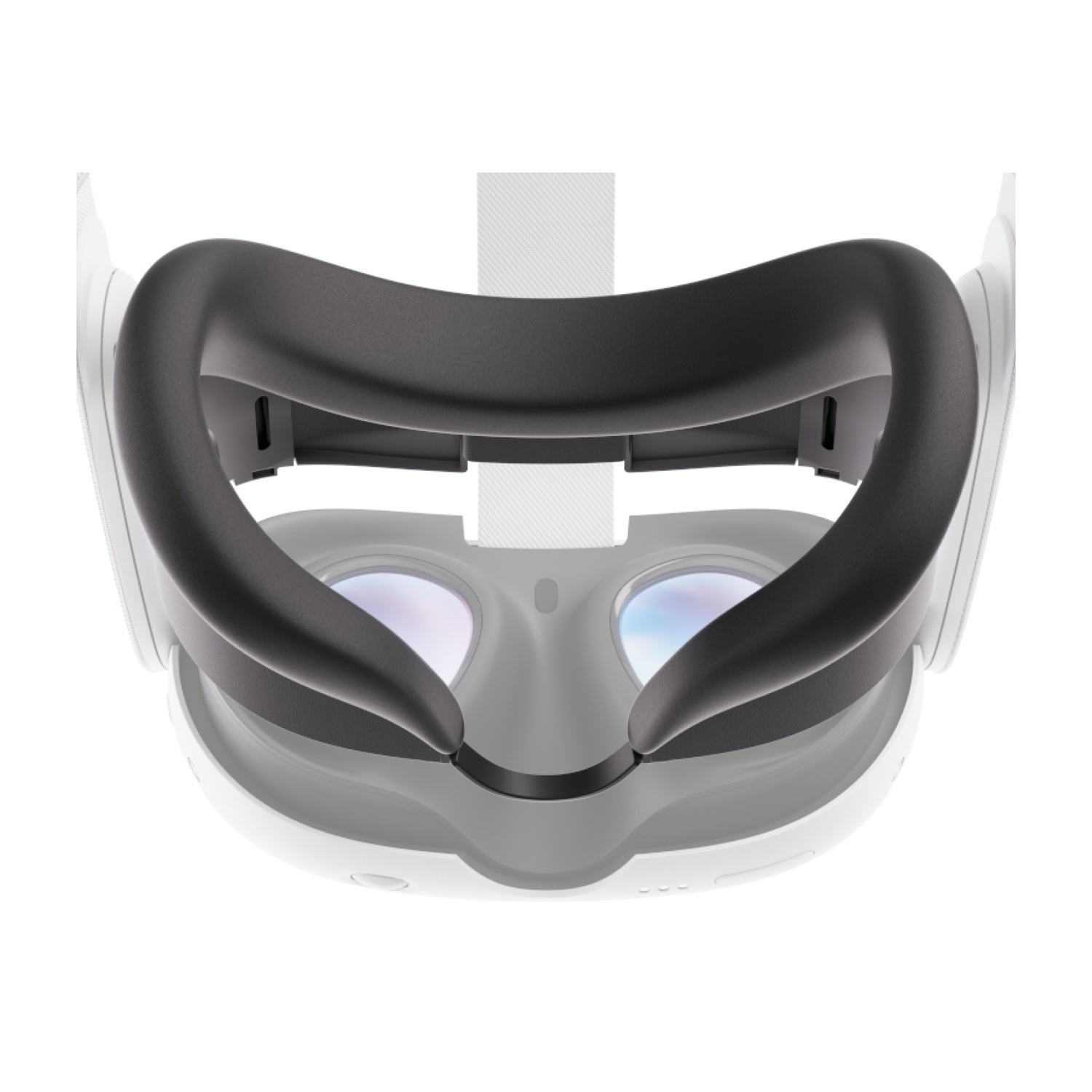Cuffie VR, bianche e nere, che mostrano l'area di contatto visivo. Focus sull'interfaccia facciale.