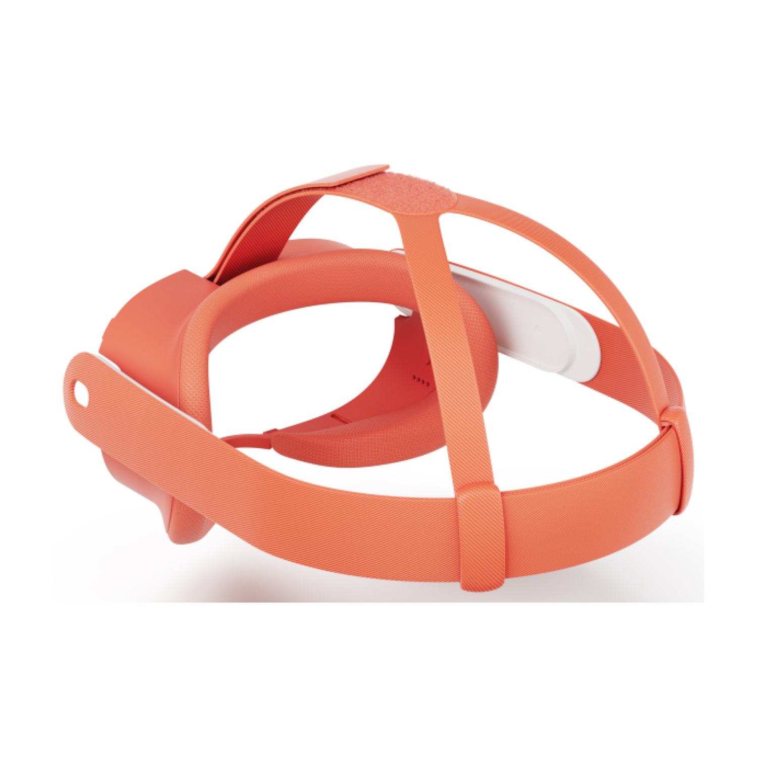 Cinturino per cuffie VR arancione, contro una superficie bianca, mostrando il design.