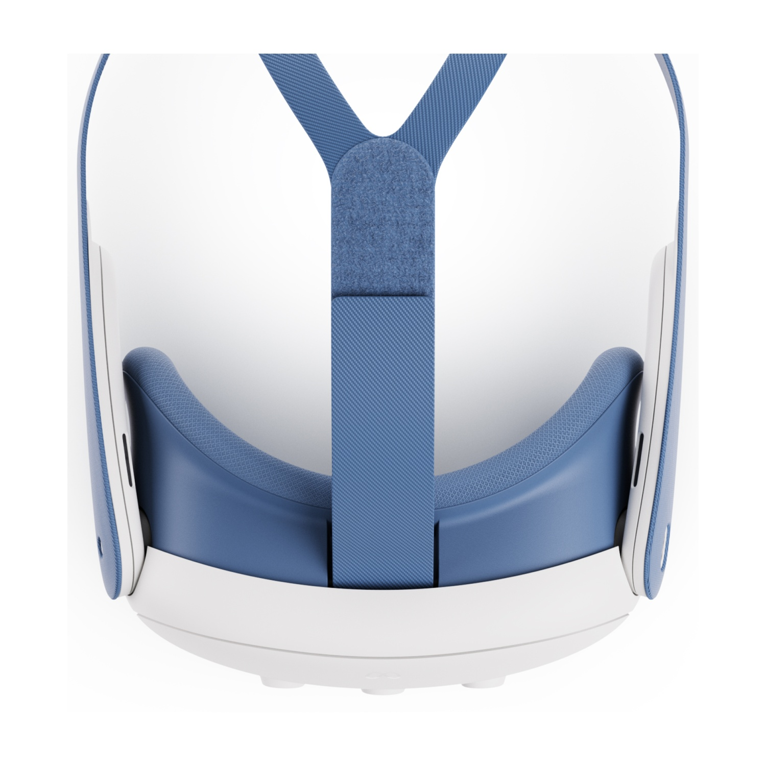 Cuffie VR, schema di colori blu e bianco, con cinturino regolabile e cuscinetto facciale.