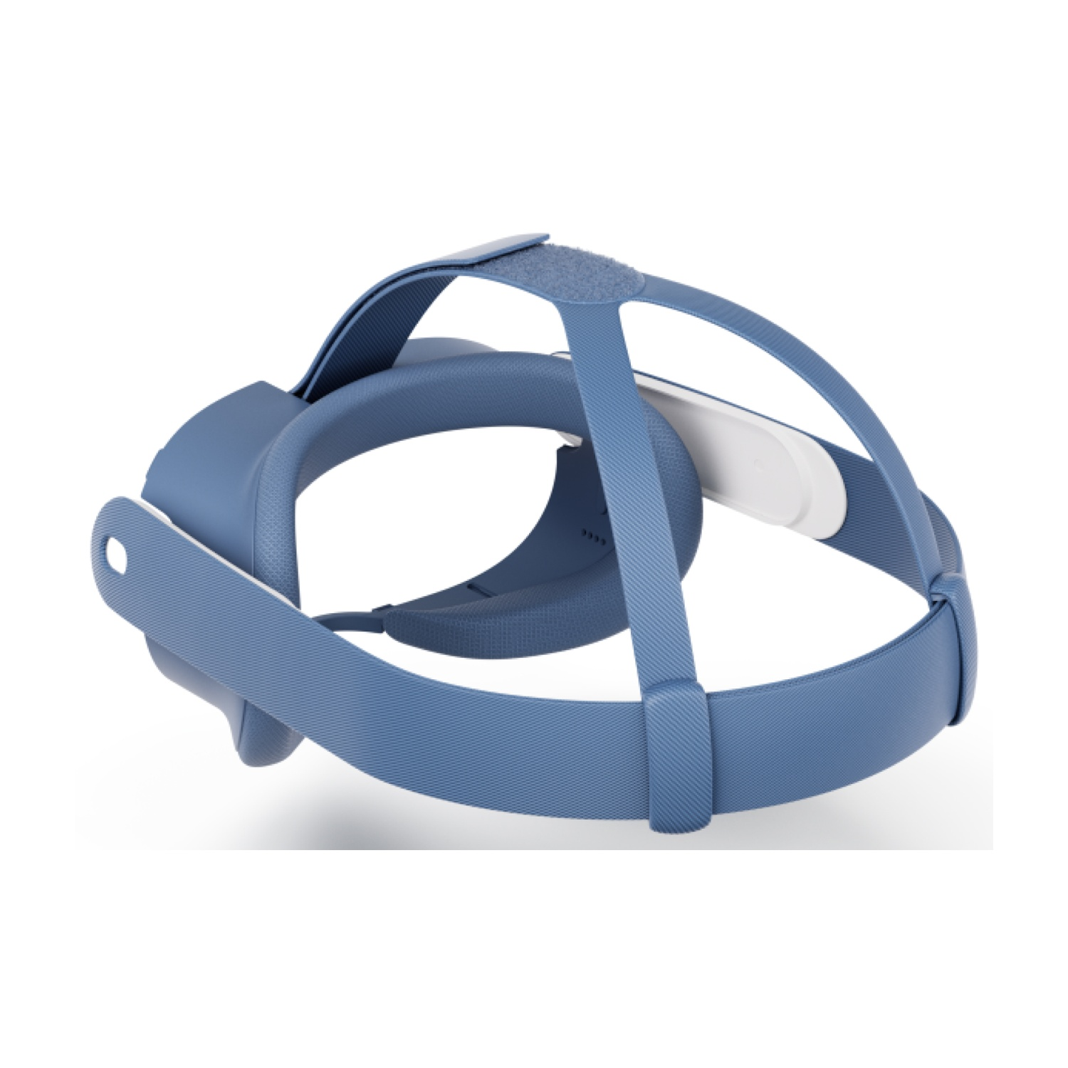 Un visore VR blu è visto su sfondo bianco, mostrando le cinghie e il telaio.